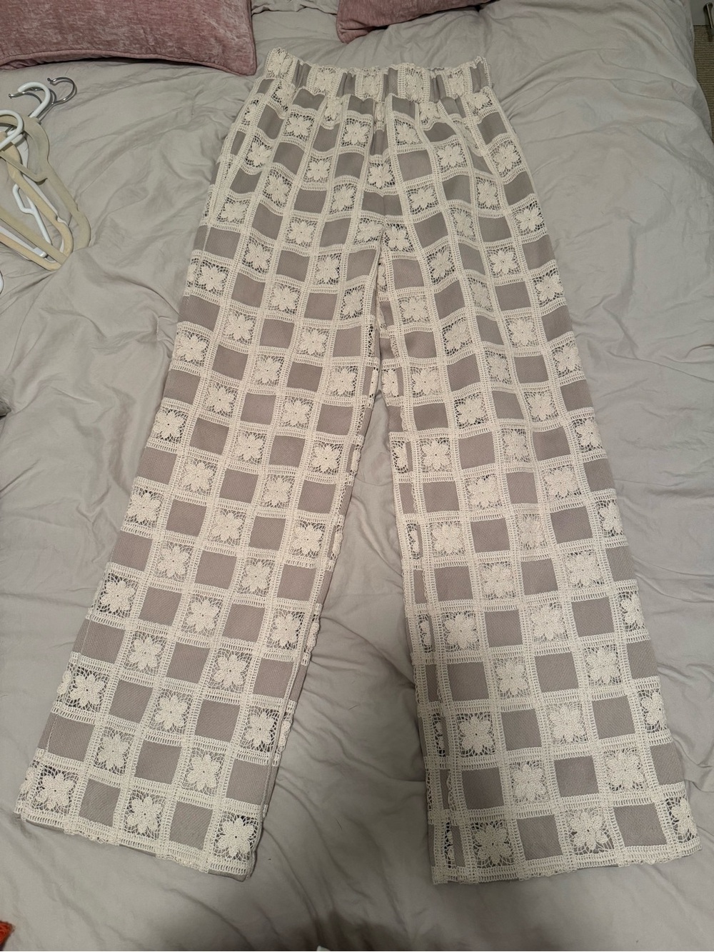 English Factory Crochet Overlay Wide-Leg Pants - Cream & Light Gray